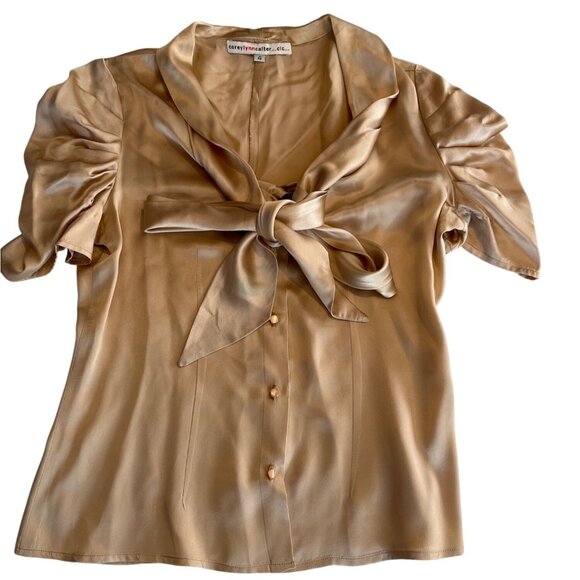 Corey Lynn Calter Womens Gold Short Sleeve Satin Blouse With Bow Tie Size 4 64c - Picture 1 of 4